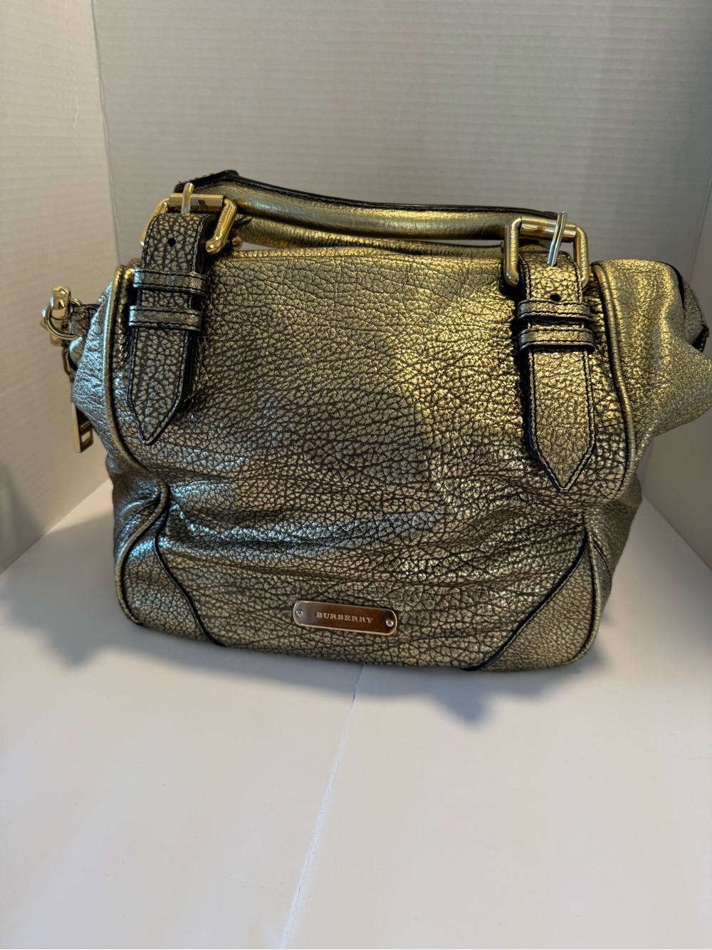 Burberry Metallic Gold Pebbled Leather Shoulder Bag with Logo Plaque